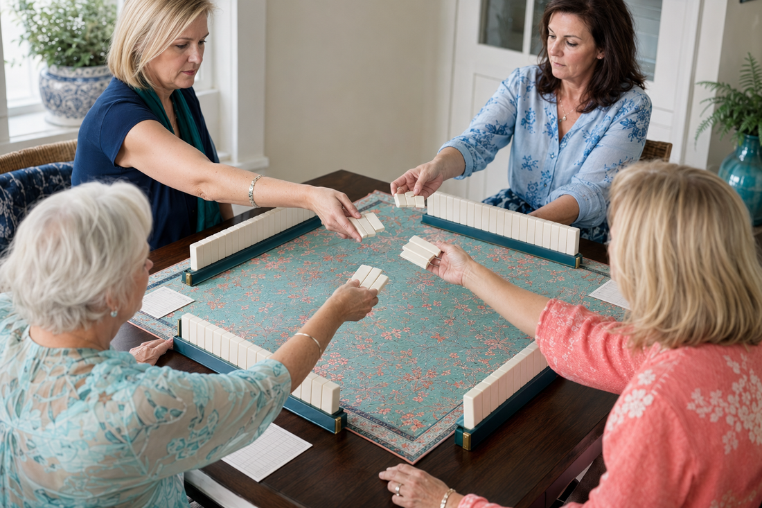 Four players passing tiles during the American mahjong Charleston