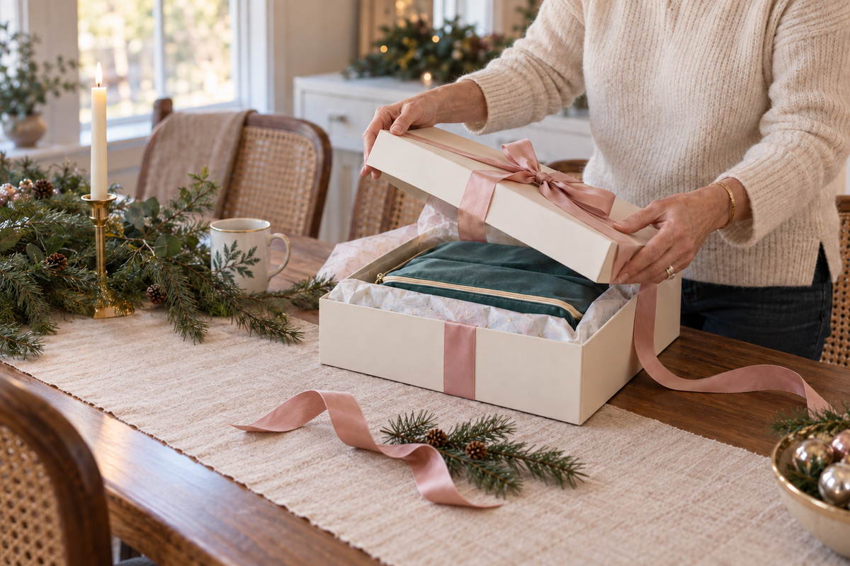 Woman opening a wrapped mahjong gift beside holiday greenery