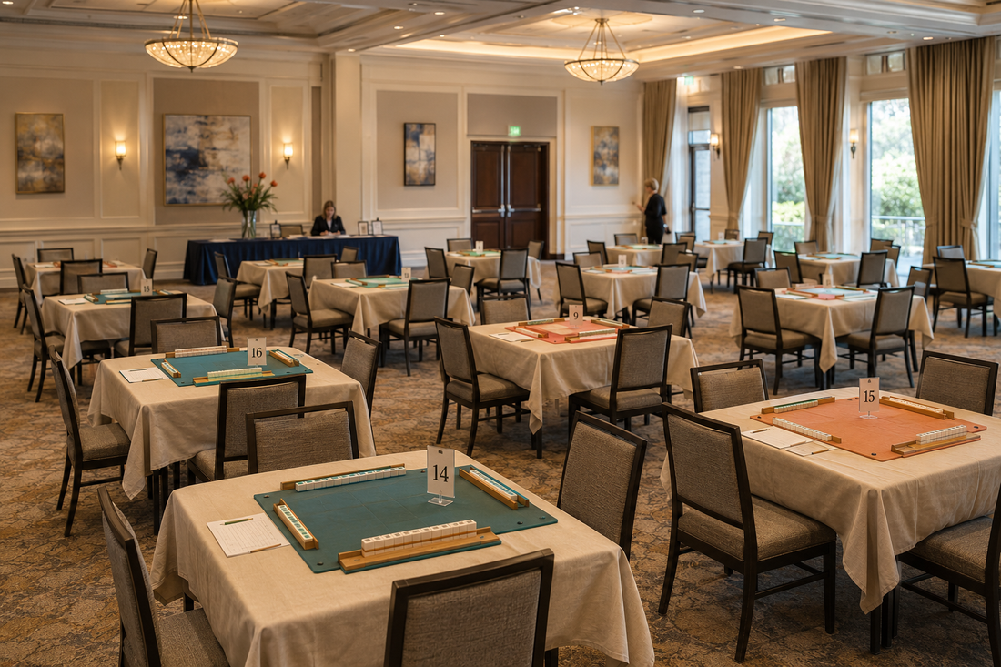 American mahjong tournament room prepared with assigned tables