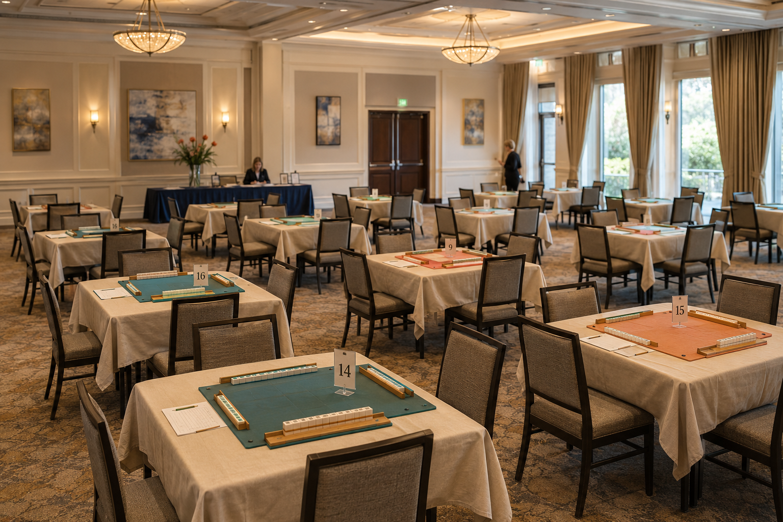 American mahjong tournament room prepared with assigned tables