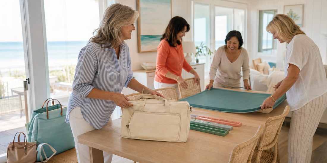 Friends unpacking a mahjong set at a coastal vacation home
