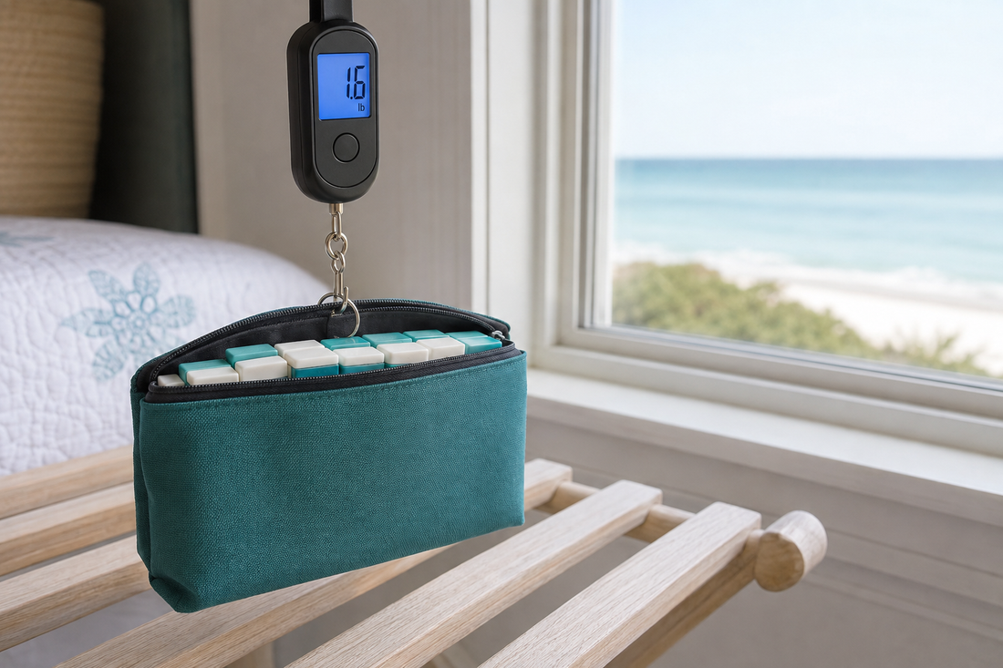 Tile pouch weighing 1.6 pounds on a luggage scale
