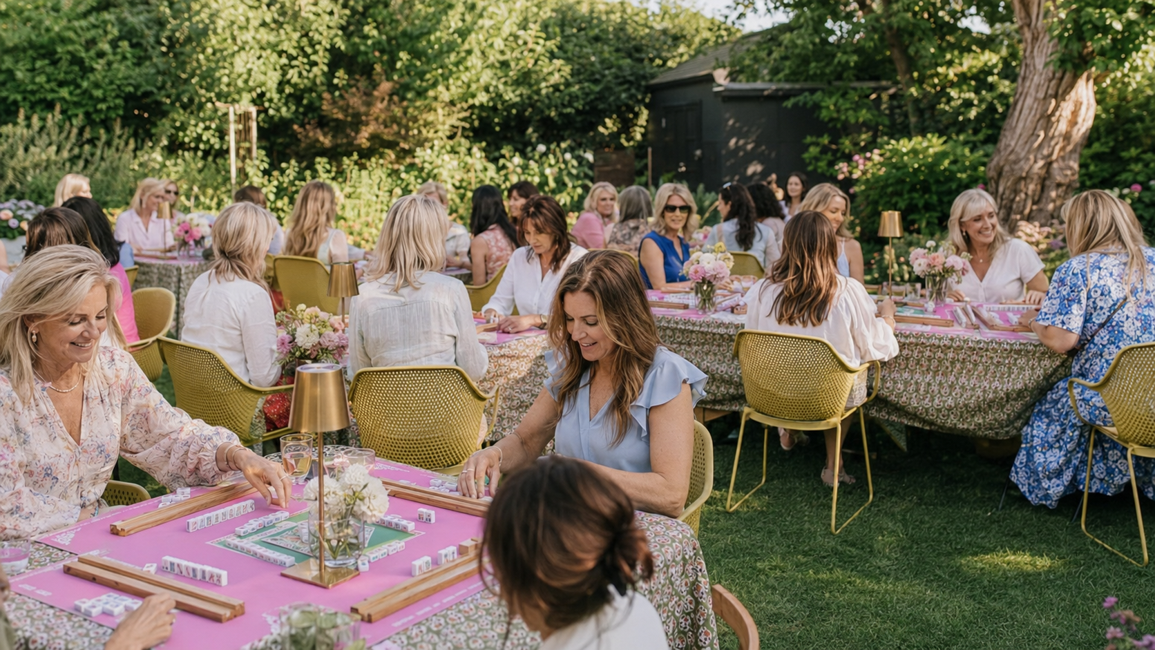 Women playing mahjong together at a garden club gathering