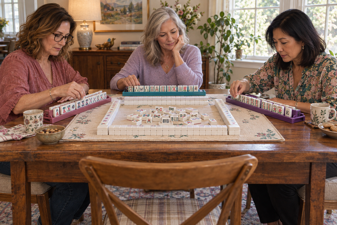 Three women playing American mahjong with the fourth seat open