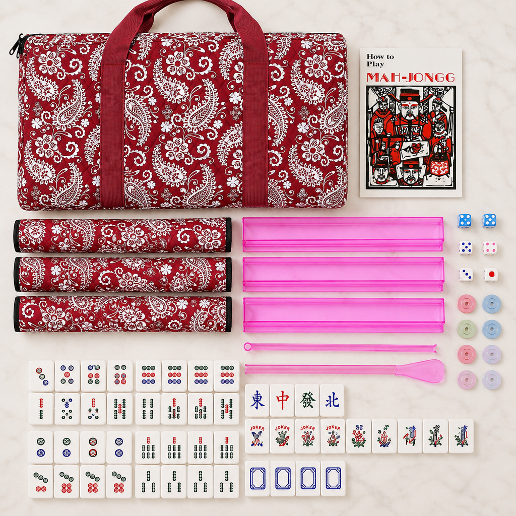 Complete American Mahjong Set with Racks, Pushers & Carrying Bag (Red)