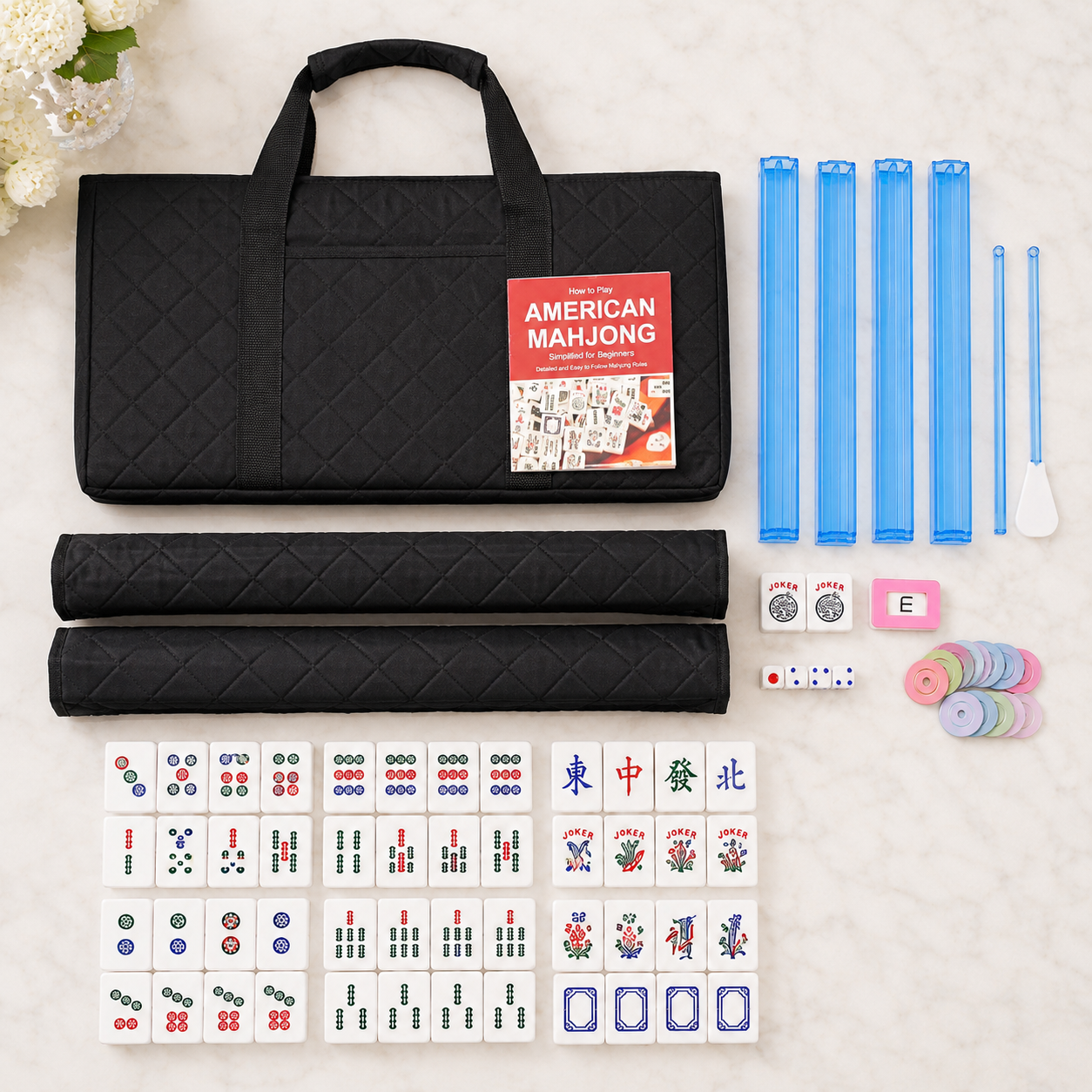 Complete American Mahjong Set with Racks, Pushers & Carrying Bag (Black)